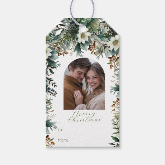 Eerste kerst Elegant Greenery Arch Foto Cadeaulabel (Voorkant)