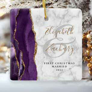 Eerste kerst getrouwd paarse agaat marmer goud keramisch ornament