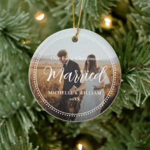 Eerste kerst getrouwde script overlay foto keramisch ornament