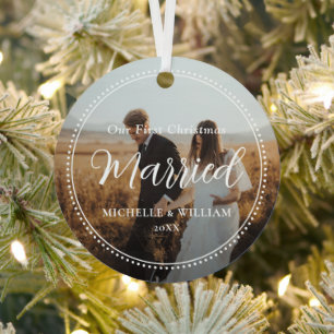 Eerste kerst getrouwde script overlay foto metalen ornament
