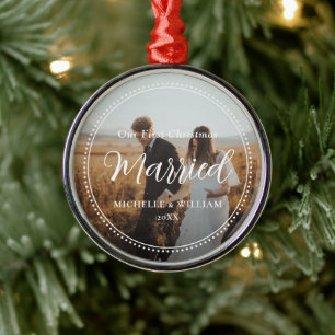 Eerste kerst getrouwde script overlay foto metalen ornament