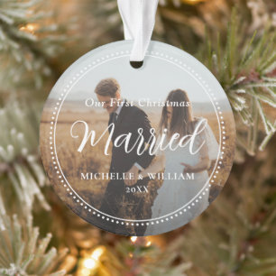 Eerste kerst getrouwde script overlay foto ornament
