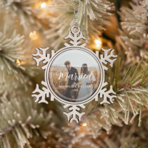 Eerste kerst getrouwde script overlay foto tin sneeuwvlok ornament