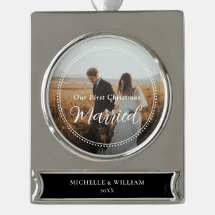 Eerste kerst getrouwde script overlay foto verzilverd banner ornament