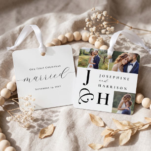 Eerste kerst Huwelijksfoto Monogram Aandenken Metalen Ornament