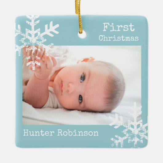Eerste Kerst Ice Blue Custom Foto Sneeuwvlokken Keramisch Ornament (Voorkant)