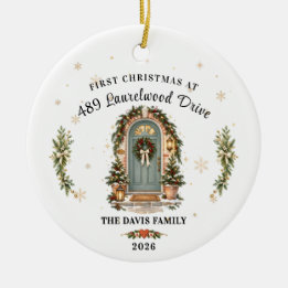 Eerste kerst in foto van nieuw huis keramisch ornament