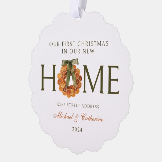 Eerste kerst in New Home Sinaasappel Krans Ornament Kaart (Links)
