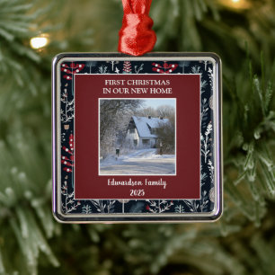Eerste kerst in ons nieuwe huis foto familienaam metalen ornament