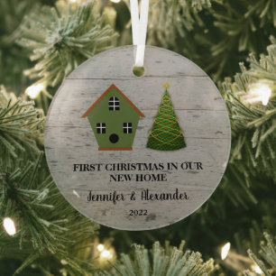 Eerste kerst in ons nieuwe huis houten vogelhuisje glas ornament