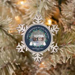 Eerste kerst in onze nieuwe thuis huis foto tin sneeuwvlok ornament