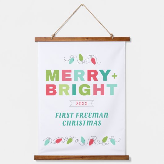 Eerste kerst Merry + Bright Wall Banner Hangend Wandkleed (Voorkant)