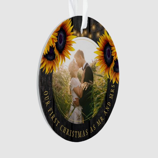Eerste kerst Mr en Mrs zonnebloem rustieke foto Ornament (voorkant)