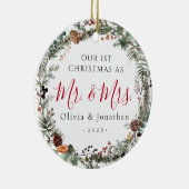 Eerste kerst Mr. & Mrs. Greenery krans foto Keramisch Ornament (Rechts)