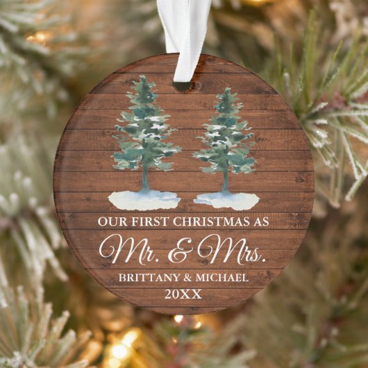 Eerste kerst Mr. Mrs Rustic Wood Twee dennen Ornament (Boom)