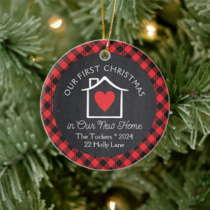 Eerste kerst Nieuwe Home Heart Plaid Krijtbord Keramisch Ornament