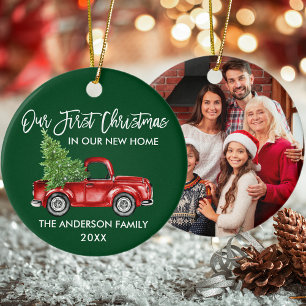 Eerste kerst Nieuwe Home Truck Groene FOTO Keramisch Ornament
