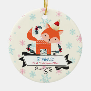 Eerste kerst Oranje vos in Santa Hat Custom Keramisch Ornament