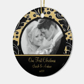 Eerste Kerst Ornament Foto Goud & Zwart Damask (Links)