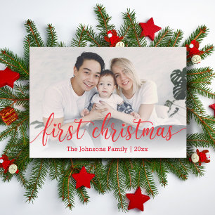 eerste kerst, rode kalligrafie, feestfoto notitiekaartje