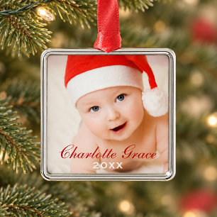 Eerste kerst Rode Script Monogram Baby Foto Metalen Ornament