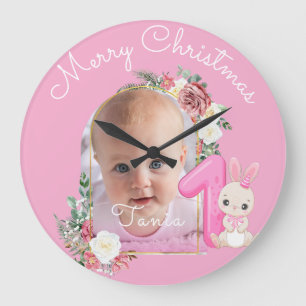 Eerste kerst roze babymeisje foto bloemmotief grote klok
