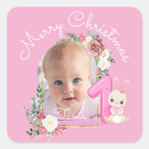 Eerste kerst roze babymeisje foto bloemmotief vierkante sticker