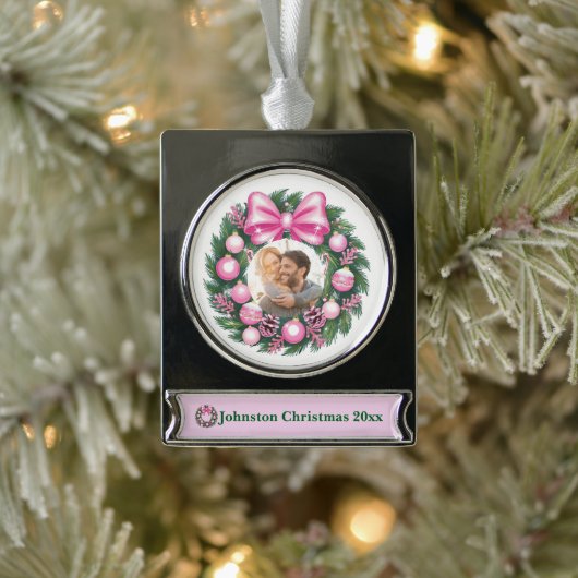 Eerste kerst roze krans verzilverd banner ornament (Boom)