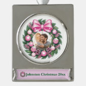 Eerste kerst roze krans verzilverd banner ornament (Voorkant)