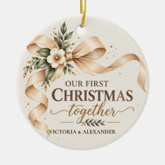 Eerste kerst samen champagne lint pasgetrouwd keramisch ornament