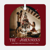 Eerste kerst samen foto elegant rood script metalen ornament (Voorkant)