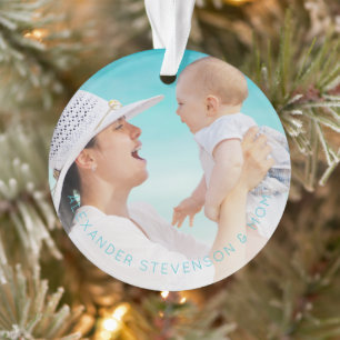 Eerste kerst samen nieuwe babyfoto aqua blue ornament