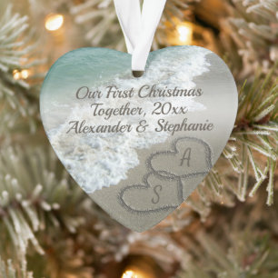 Eerste kerst samen paar harten strand zand ornament