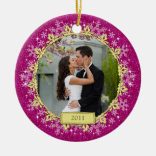 Eerste kerst samen roze sneeuwvlok foto keramisch ornament