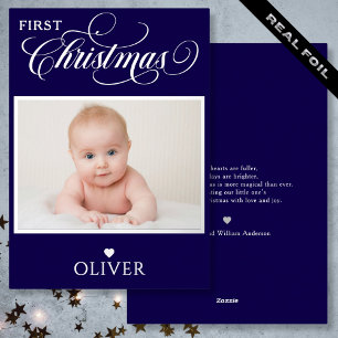 Eerste kerst typografie foto naam folie blauw feestdagenkaart