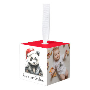 Eerste kerst van Bamboe Beer, op maat Kubus Ornament