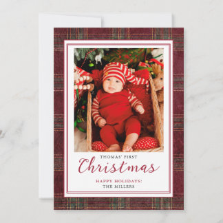 Eerste kerst van de baby, bordeauxrood groene Scho Feestdagenkaart
