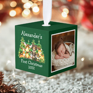 Eerste kerst van de baby bosdieren lichten foto kubus ornament