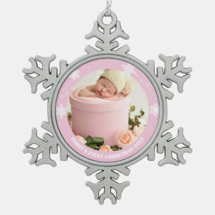 Eerste kerst van een roze baby tin sneeuwvlok ornament
