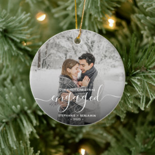 Eerste kerst verloofd 2-foto wit schrift keramisch ornament