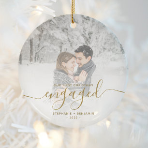 Eerste kerst verloofd aangepaste foto goud schrift keramisch ornament