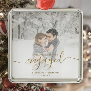 Eerste kerst verloofd aangepaste foto goud schrift metalen ornament