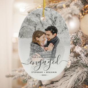 Eerste kerst verloofd aangepaste foto grijs schrif keramisch ornament