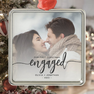 Eerste kerst verloofd aangepaste foto grijs schrif metalen ornament