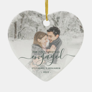Eerste kerst verloofd aangepaste foto groen schrif keramisch ornament