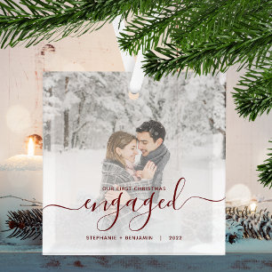 Eerste kerst verloofd aangepaste foto rode script glas ornament