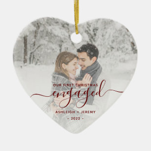 Eerste kerst verloofd aangepaste foto rode script keramisch ornament