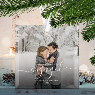 Eerste kerst verloofd aangepaste foto witte script glas ornament