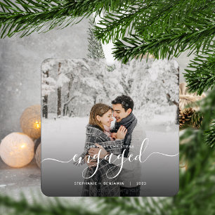 Eerste kerst verloofd aangepaste foto witte script metalen ornament