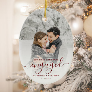 Eerste kerst verloofd foto bordeaux schrift keramisch ornament